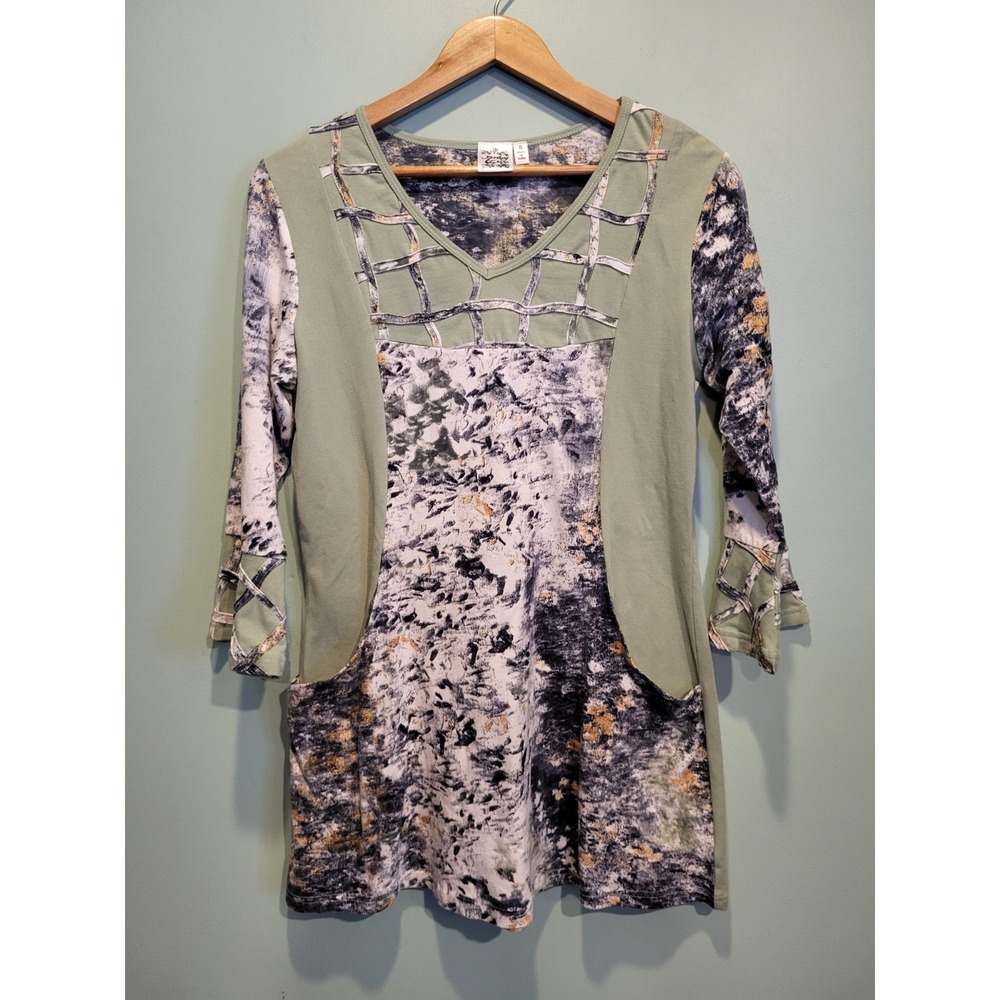 Parsley And Sage Green Blue Artsy 3/4 Bell Sleeve Tunic Top Pockets Sz S